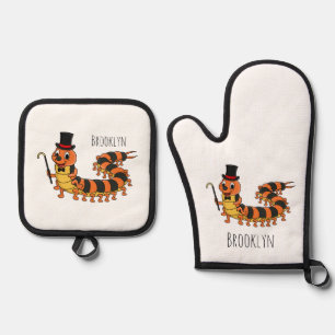 Cute funny centipede cartoon illustration oven mitt & pot holder set