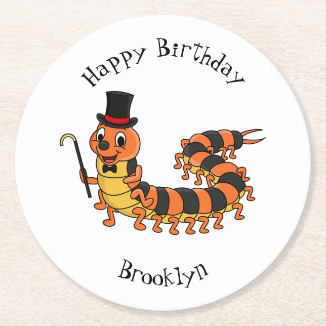 Cute funny centipede cartoon illustration  round paper coaster (Front)