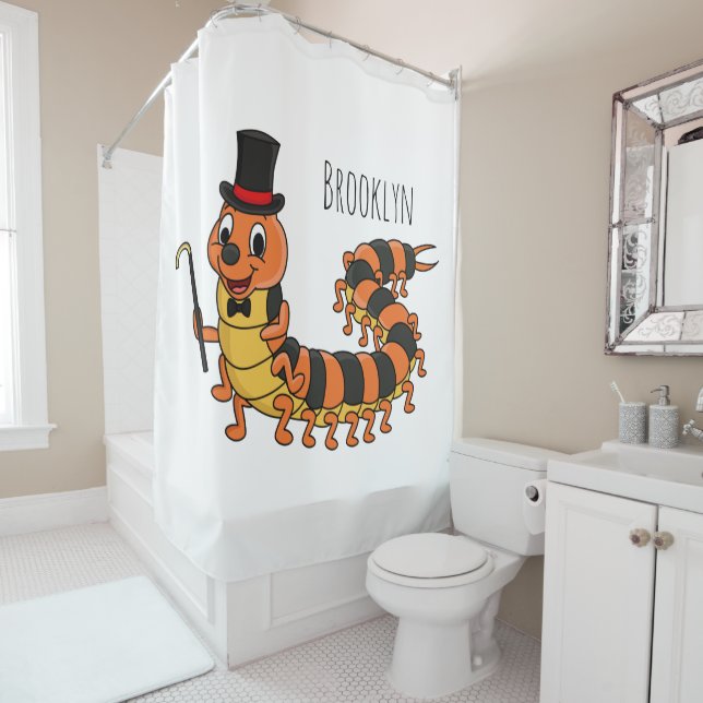 Cute funny centipede cartoon illustration shower curtain (In Situ)