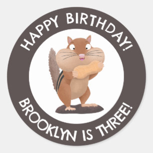 Cute funny chipmunk cartoon personalised birthday classic round sticker
