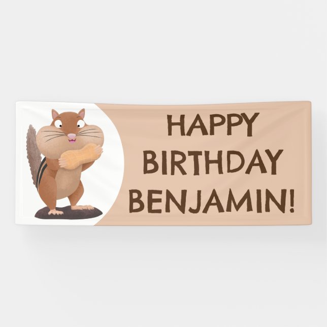 Cute funny chipmunk personalised cartoon birthday banner (Horizontal)