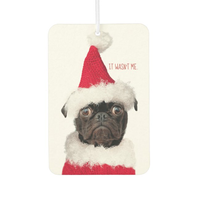 Cute Funny Christmas Black Pug Puppy Santa Car Air Freshener (Front)