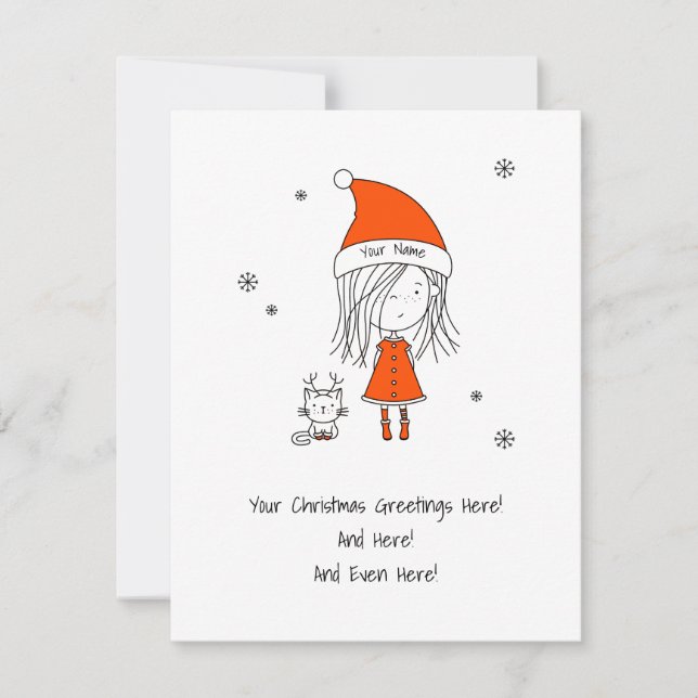 Cute Funny Christmas Cartoon Girl Cat  Holiday Card (Front)