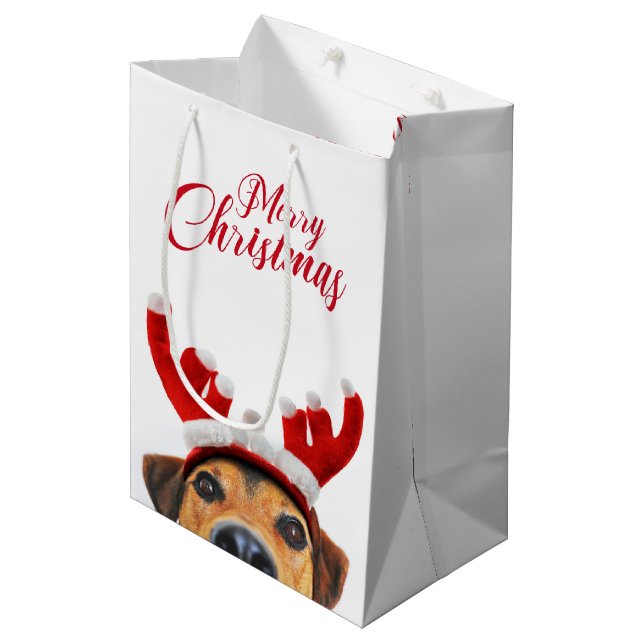 Cute Funny Christmas Dog Reindeer Antler Headband Medium Gift Bag (Front Angled)