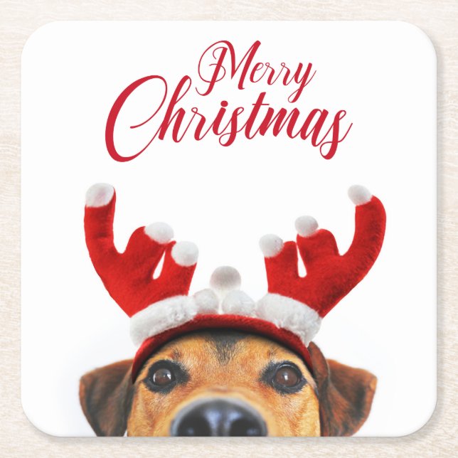 Cute Funny Christmas Dog Reindeer Antler Headband Square Paper Coaster (Front)