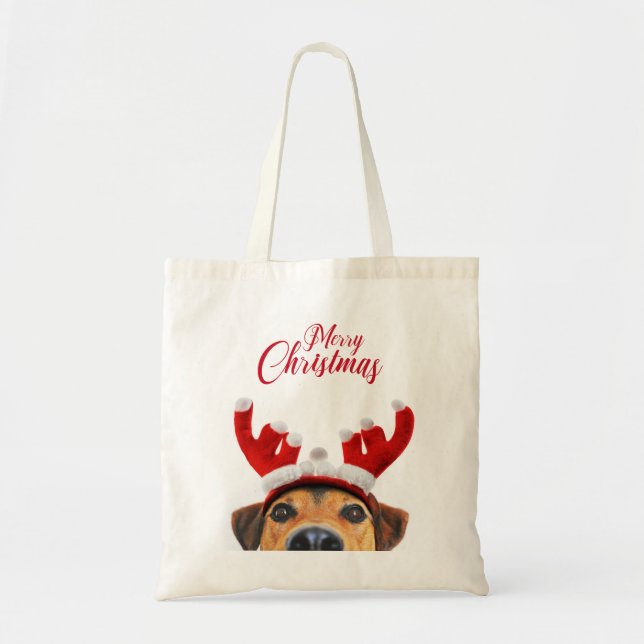 Cute Funny Christmas Dog Reindeer Antler Headband Tote Bag (Front)