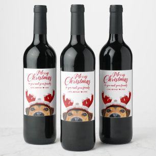 Cute Funny Christmas Dog Reindeer Antler Headband Wine Label