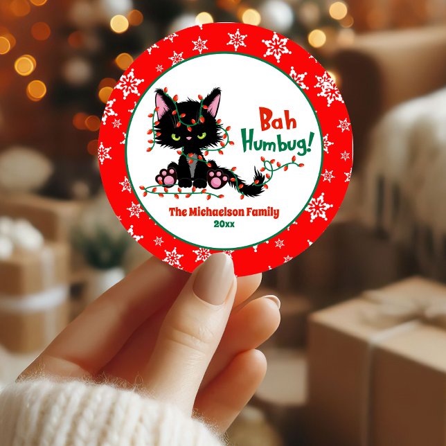 Cute Funny Christmas Grumpy Cat Classic Round Sticker (Cute Funny Christmas Grumpy Cat Classic Round Sticker)
