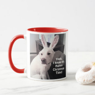 Cute Funny Christmas White Dog with Bunny Ears Mug