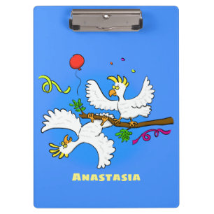Cute funny cockatoo birds cartoon clipboard