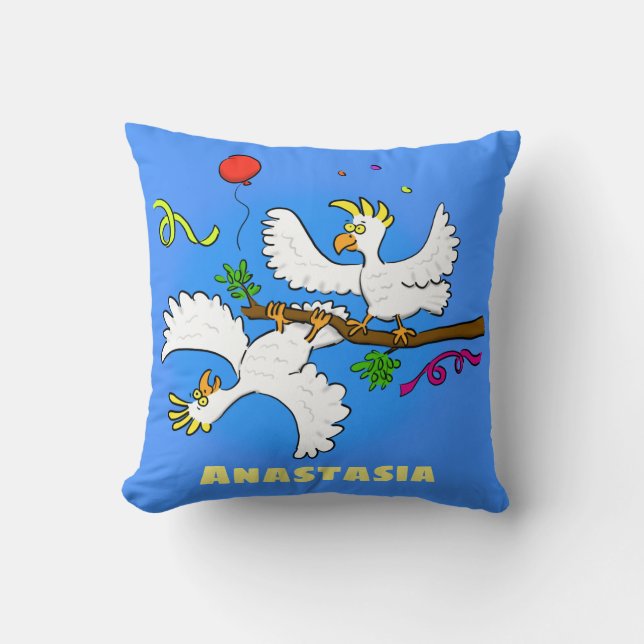 Cute funny cockatoo birds cartoon cushion (Front)