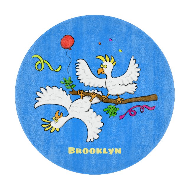 Cute funny cockatoo birds cartoon cutting board (Front)