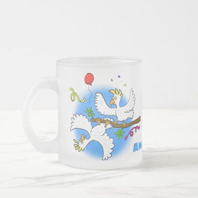 Cute funny cockatoo birds cartoon frosted glass coffee mug (Left)