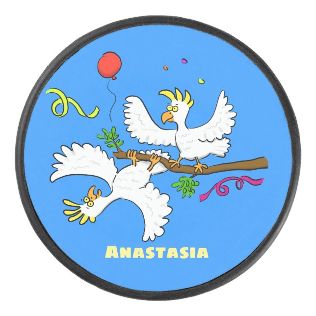 Cute funny cockatoo birds cartoon hockey puck (Front)