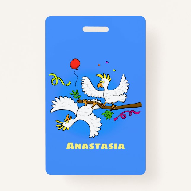 Cute funny cockatoo birds cartoon ID badge (Front)