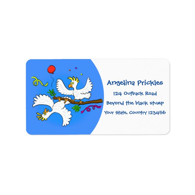 Cute funny cockatoo birds cartoon label (Front)