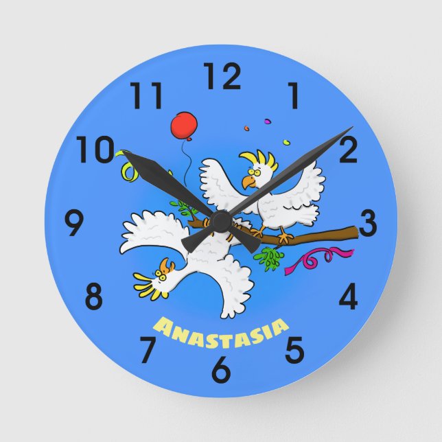 Cute funny cockatoo birds cartoon round clock (Front)
