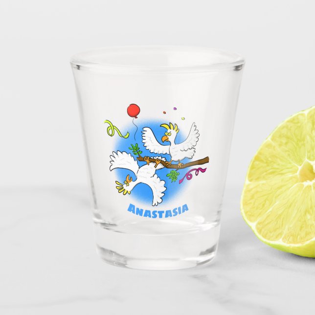 Cute funny cockatoo birds cartoon shot glass (Front)