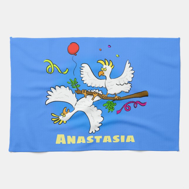 Cute funny cockatoo birds cartoon tea towel (Horizontal)