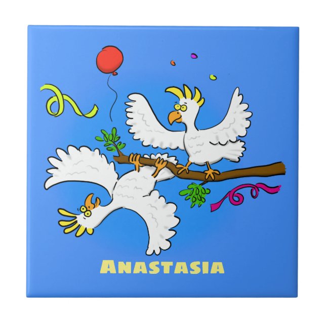 Cute funny cockatoo birds cartoon tile (Front)