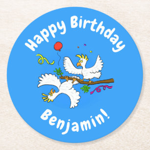 Cute funny cockatoo birds party cartoon round paper coaster