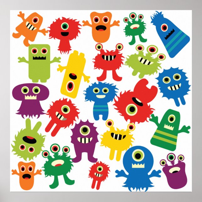Cute Funny Colorful Monsters Pattern Poster (Front)