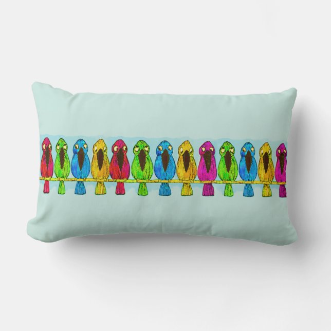 Cute Funny Colourful Birds Together Side by Side Lumbar Cushion (Front)
