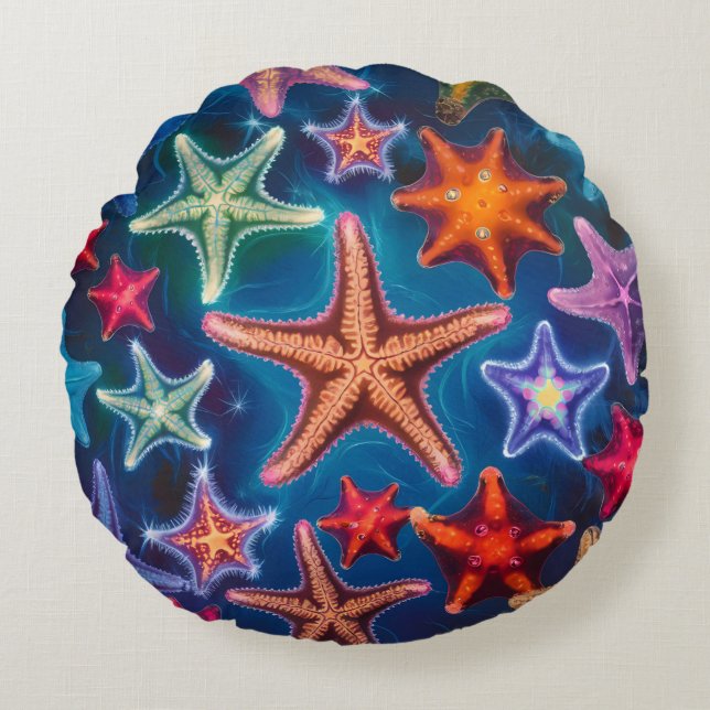 Cute funny colourful little Starfish in the sea  Round Cushion (Front)
