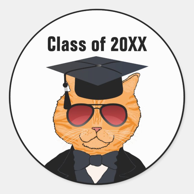 Cute Funny Cool Cat Cartoon Graduation Classic Round Sticker (Front)