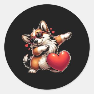Cute Funny Cool Corgi Dog Dabbing Heart Valentines Classic Round Sticker