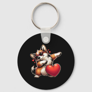 Cute Funny Cool Corgi Dog Dabbing Heart Valentines Key Ring