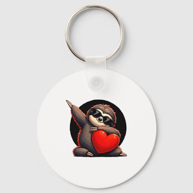 Cute Funny Cool Sloth Dabbing Heart Valentines Day Key Ring (Front)