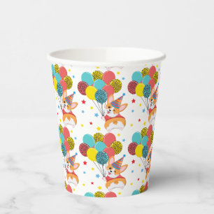 Cute Funny Corgi with Balloons Hat Stars Birthday Paper Cups