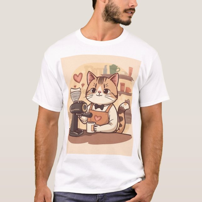 Cute Funny Cozy Barista Cat & Coffee T-shirt (Front)