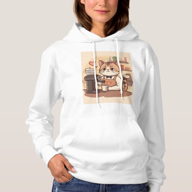 Cute Funny Cozy Barista Cat Hoodie T-shirt (Front)