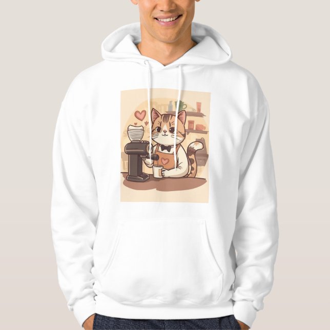 Cute Funny Cozy Cartoon Barista Cat Hoodie T-shirt (Front)