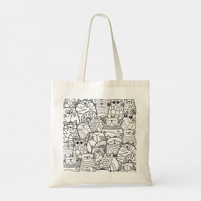Cute Funny Crowd of Cartoon Zen Cats Black White Tote Bag (Back)