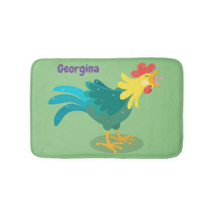 Cute funny crowing rooster cartoon illustration bath mat