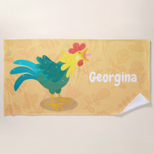 Cute funny crowing rooster cartoon illustration beach towel