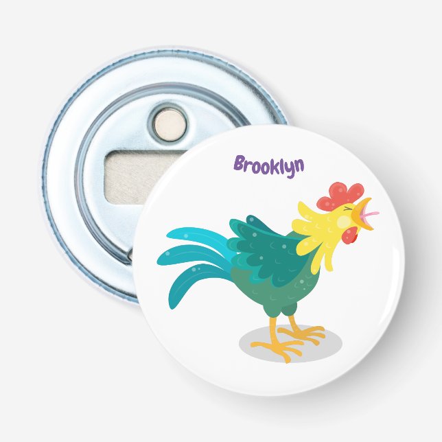 Cute funny crowing rooster cartoon illustration bottle opener (Front)