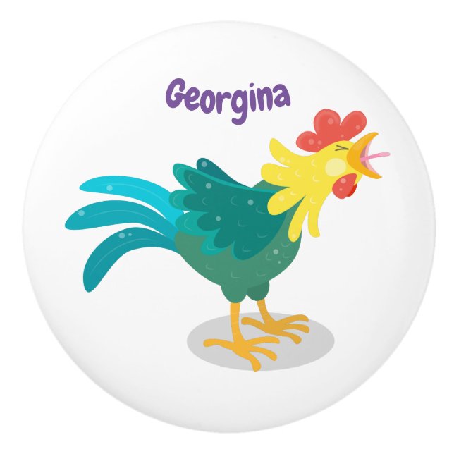Cute funny crowing rooster cartoon illustration ceramic knob (Front)