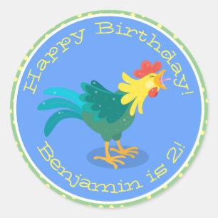 Cute funny crowing rooster cartoon illustration classic round sticker