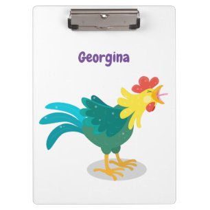 Cute funny crowing rooster cartoon illustration clipboard