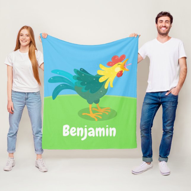 Cute funny crowing rooster cartoon illustration fleece blanket (In Situ)