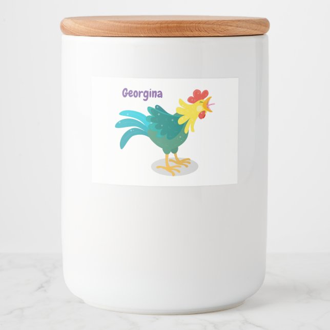 Cute funny crowing rooster cartoon illustration food label (Front)