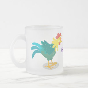 Cute funny crowing rooster cartoon illustration frosted glass coffee mug