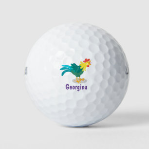 Cute funny crowing rooster cartoon illustration golf balls