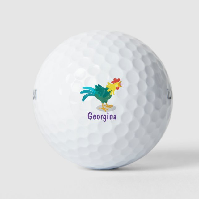 Cute funny crowing rooster cartoon illustration golf balls (Front)
