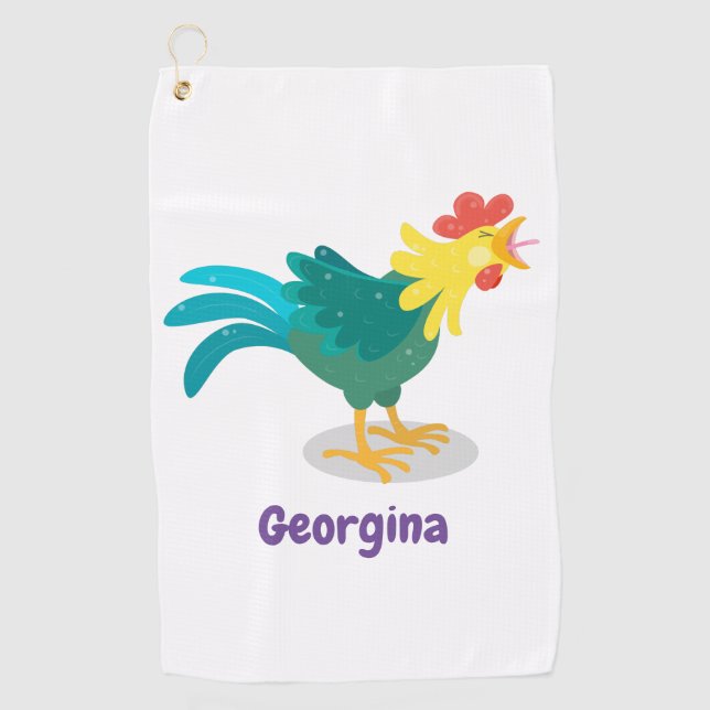 Cute funny crowing rooster cartoon illustration  golf towel (Front)