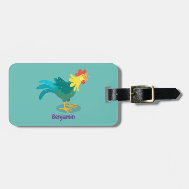 Cute funny crowing rooster cartoon illustration luggage tag (Front Horizontal)